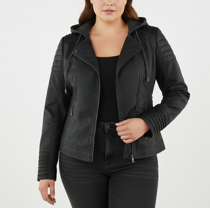 Dame biker-jakke i kunstskinn med hette | Store størrelser (L–3XL)
