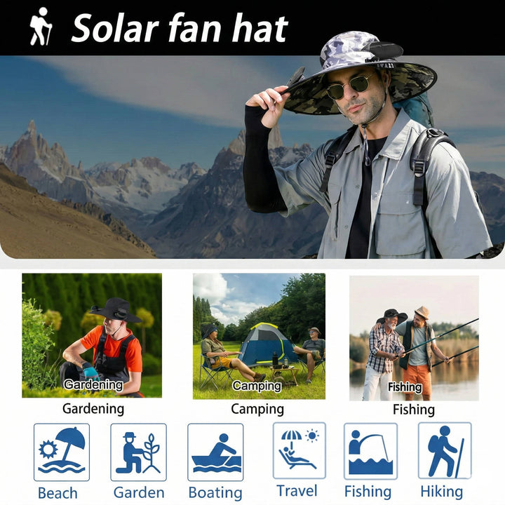 Utendørs bredbremmet solhatt med 2 solfans, UV-beskyttelse for menn og kvinner, avkjølende hatt for camping og fotturer | Luvikno