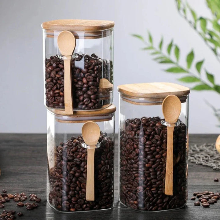 Bamboo og Glass 3-delt Beholder Sett Luvikno