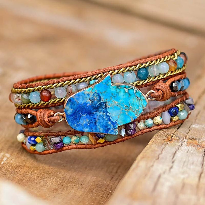 Elegant Turkis Hamsa Wrap Armbånd - Soraya i Blå Luvikno
