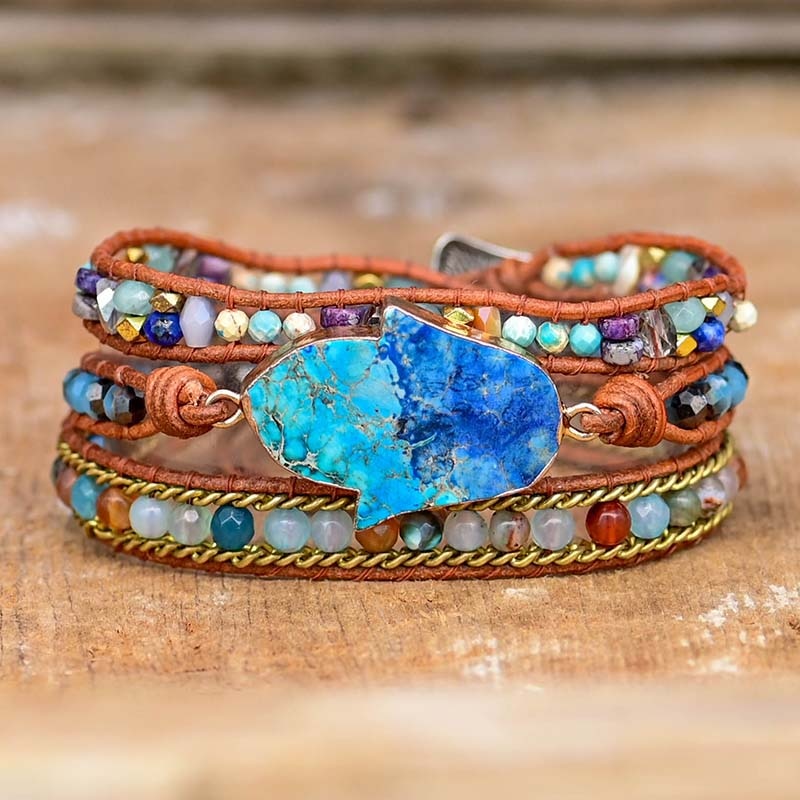 Elegant Turkis Hamsa Wrap Armbånd - Soraya i Blå Luvikno