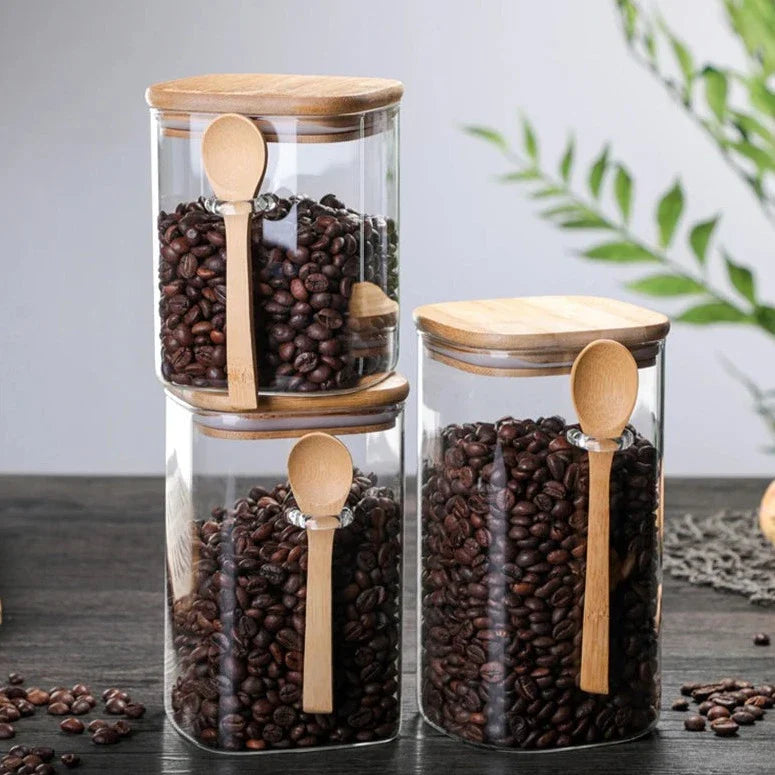 Bamboo og Glass 3-delt Beholder Sett Luvikno