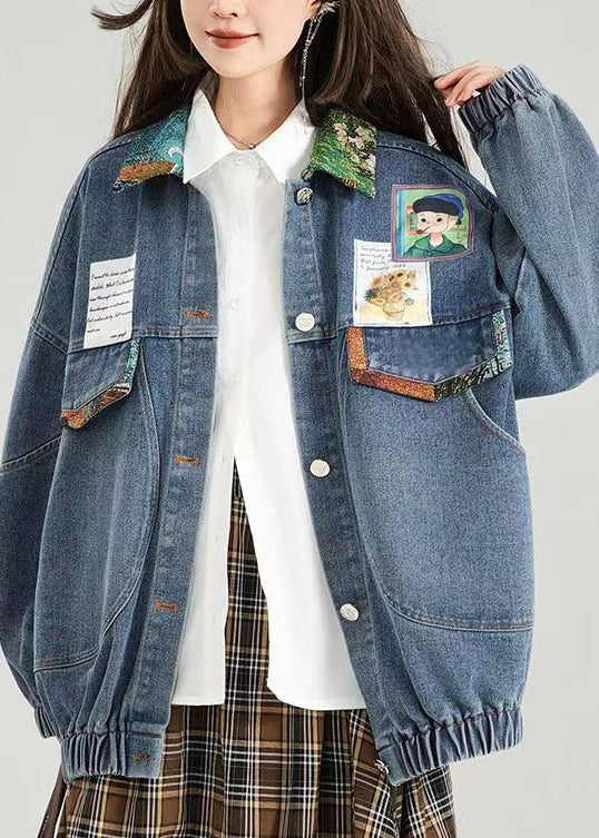 Luvik | Blå Peter Pan Krage Lomme Sammet Patcher Denimjakke