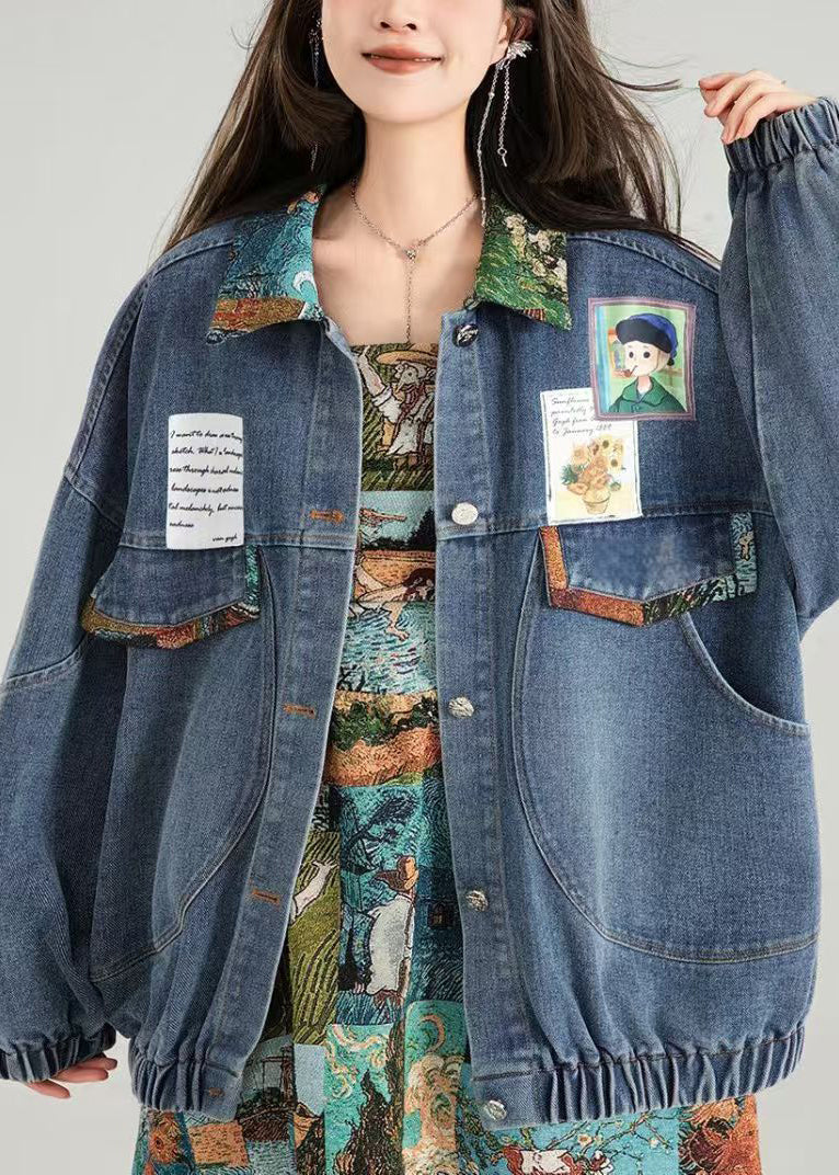 Luvik | Blå Peter Pan Krage Lomme Sammet Patcher Denimjakke