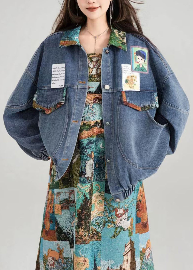 Luvik | Blå Peter Pan Krage Lomme Sammet Patcher Denimjakke