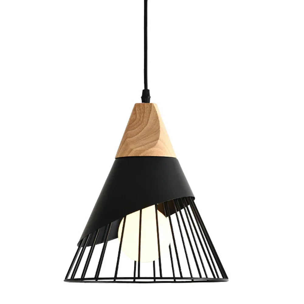 Vintage pendellampe med kabel – Industriell hengelampe laget av metall og tre | Luvikno