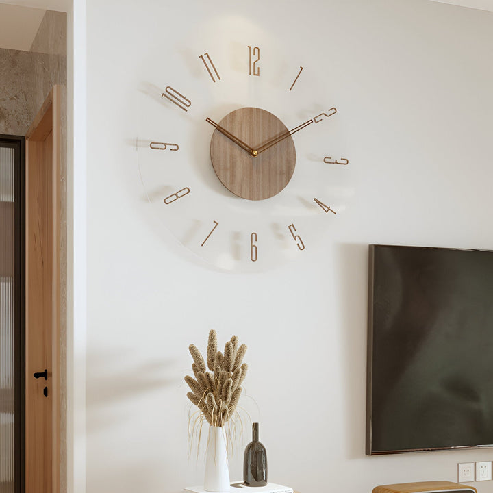 ClearWood Transparent Veggklokke – Stille Kvarts med Tre detaljer | Luvikno