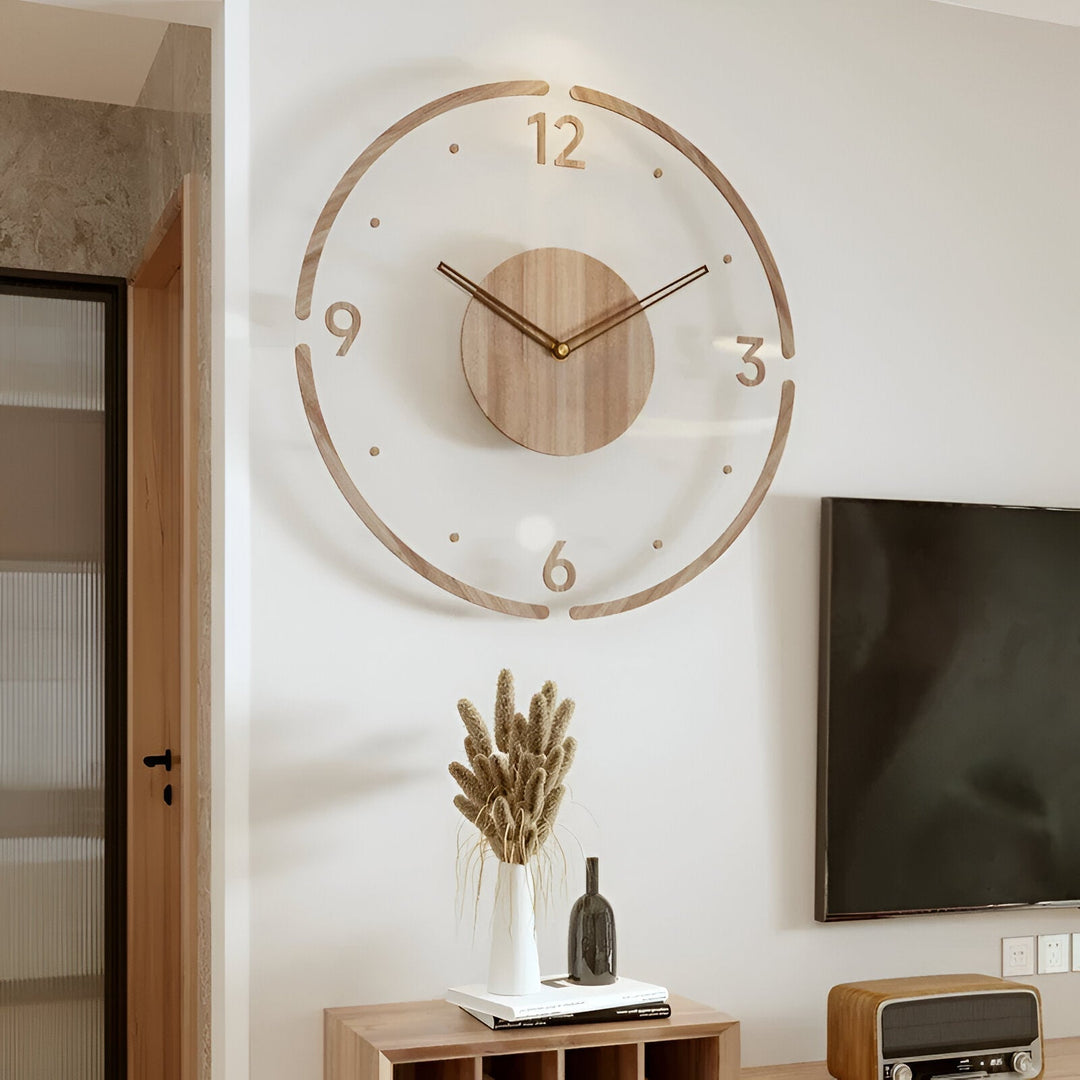 ClearWood Transparent Veggklokke – Stille Kvarts med Tre detaljer | Luvikno