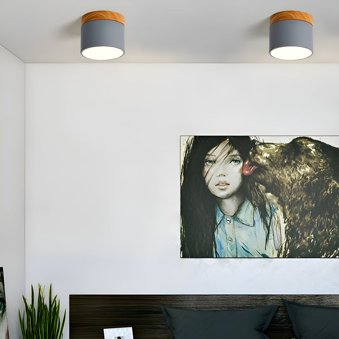 LED Taklampe i Sylinder Form – Varmt Lys i Vintage Industrielt Design | Med Dekorativt Tre Detalj | Luvikno