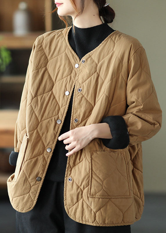 Luvik | Khaki O-hals runde-lommer knapp vinterjakker parkas