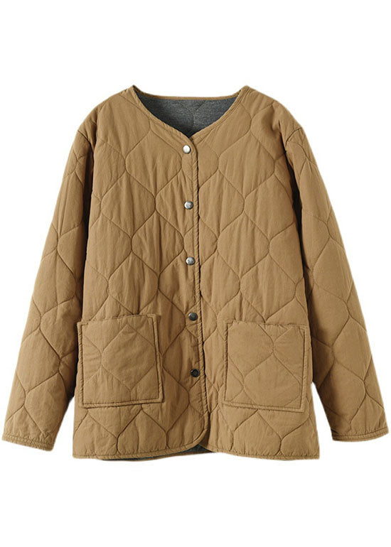 Luvik | Khaki O-hals runde-lommer knapp vinterjakker parkas