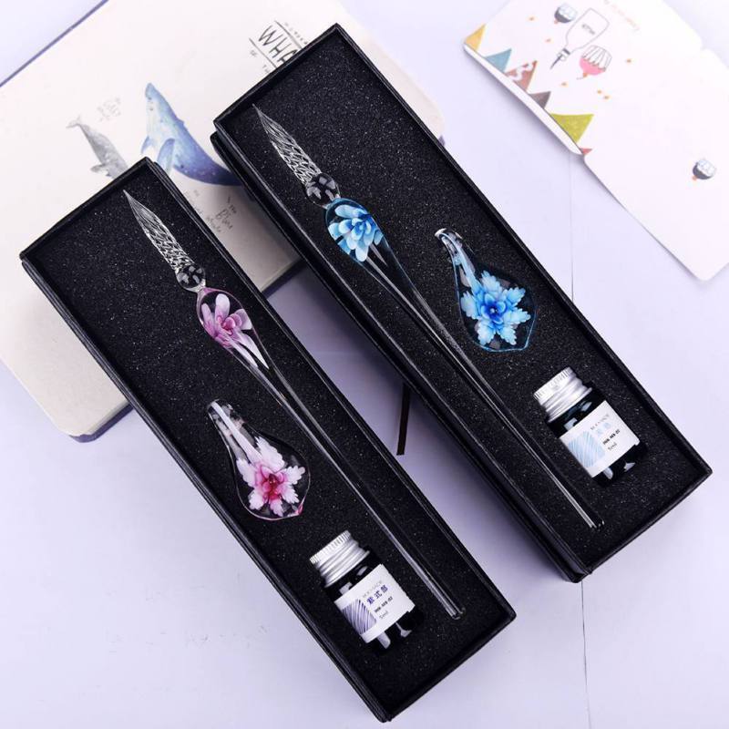 Glass fountain pen with ink and pen holder | Luvikno