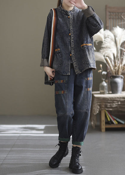 Luvik | Sininen korkea kauluksellinen denim-takki nappikiinnityksellä