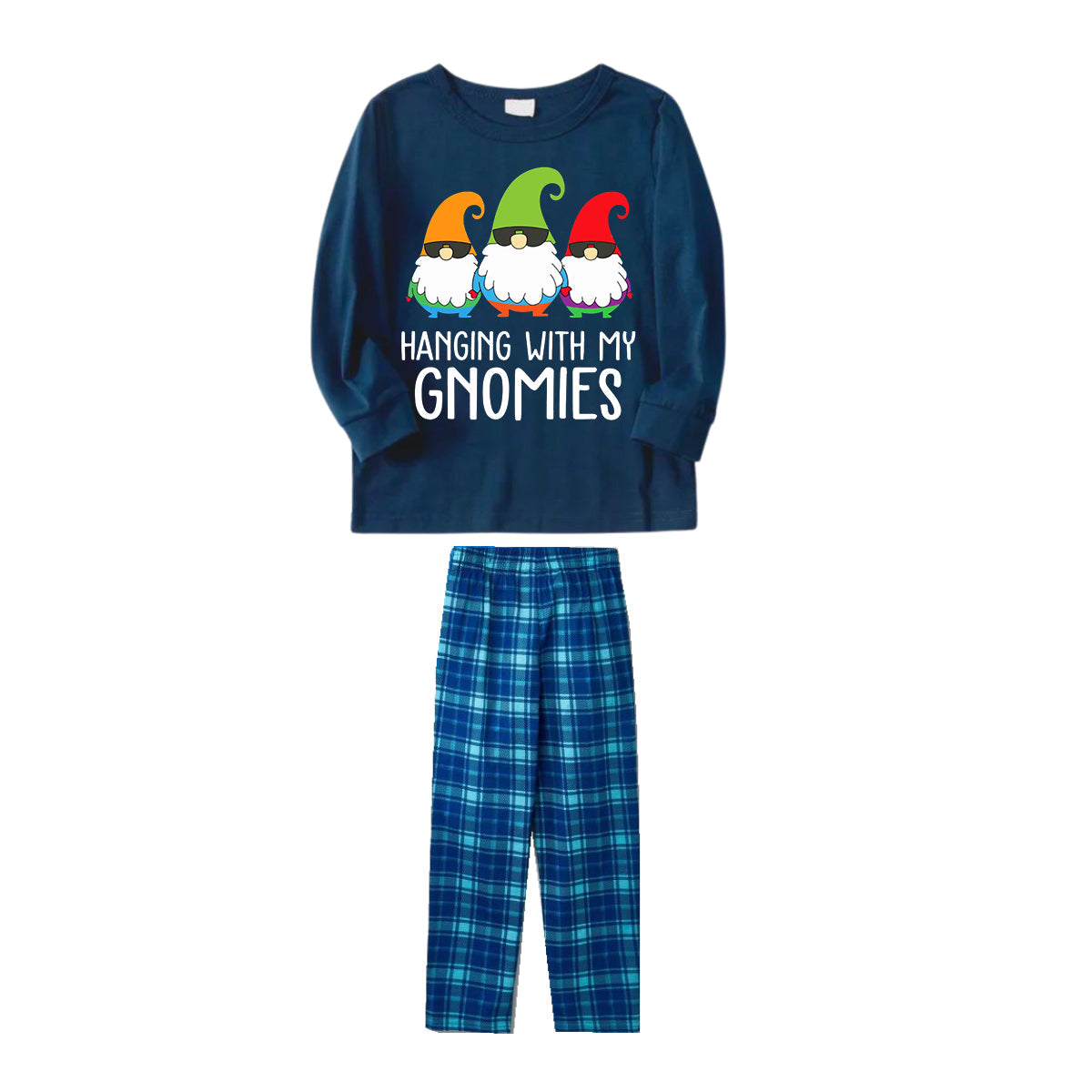 Luvik | Three Santas "HANGING WITH MY GNOMIES" Monogram Print Sininen Pittä Hiha Paita Sinisiä & Vihreitä Ruudullisia Housuja Perheelle Sovittavat Pyjamat