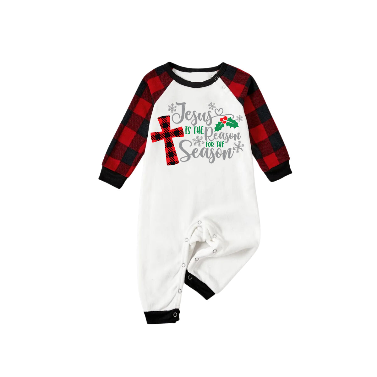 Luvik | Jouluhousut "Jeesus on syy kauteen" Kirjontakuosi Valkoinen Pitkähihaiset mustat ja punaiset ruudulliset housut Perhesamat pyjamat