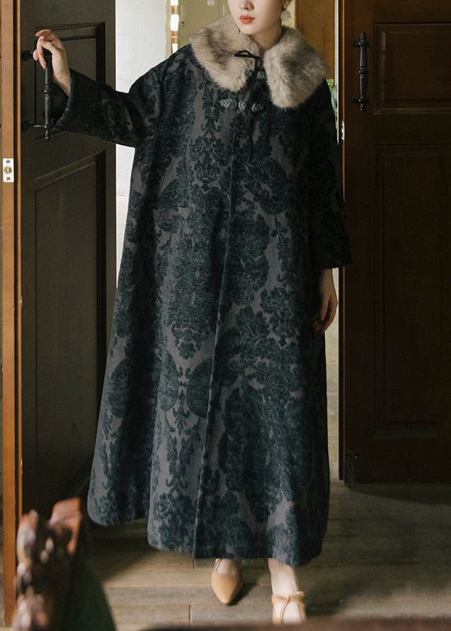 Luvik | Svart rev tykk knapp silkevelour lang trenchcoat med lange ermer