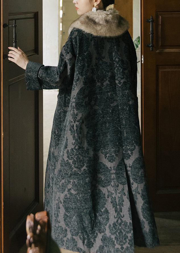 Luvik | Svart rev tykk knapp silkevelour lang trenchcoat med lange ermer