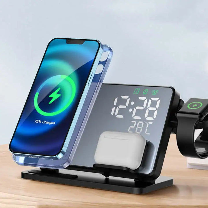 Luvikno | 3-i-1 Hurtiglade-stasjon | Premium Trådløs Hurtiglader Dockingstasjon med Vekkerklokke | for Apple iPhone, Watch & AirPods