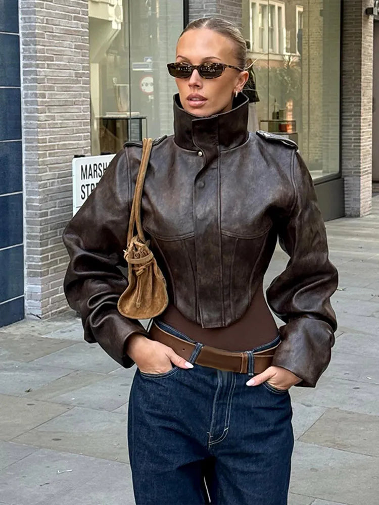 Luvik | Kunstlæderjakke - Stilfull cropped bikerjakke med ballongermer og elegant design