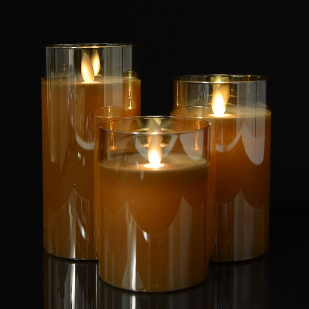 LED lysestake i glass med bevegelig flamme og fjernkontroll - Gull - 3 stk | Luvikno