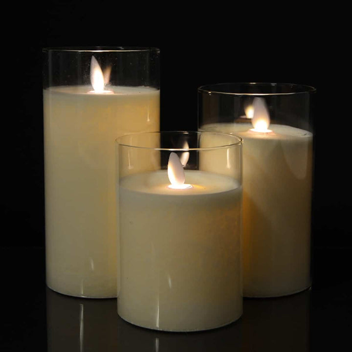 LED lys i glass med bevegelig flamme og fjernkontroll -Hvit- 3 stk. | Luvikno