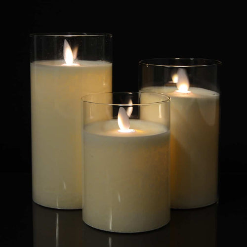 LED lys i glass med bevegelig flamme og fjernkontroll -Hvit- 3 stk. | Luvikno