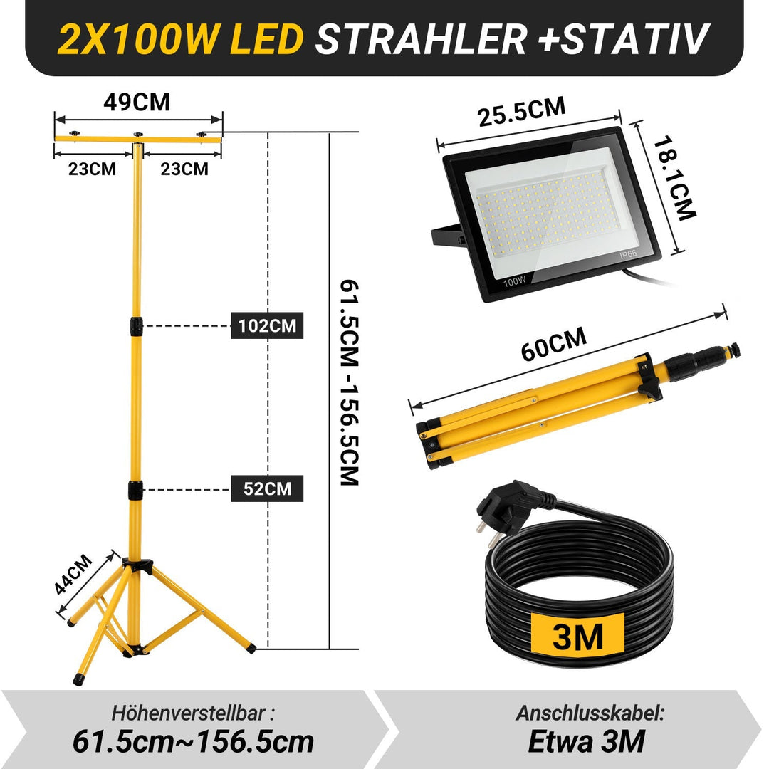 LED Konstruksjonslys 2 x 50W/100W/200W med Stativ Justerbar | Luvikno