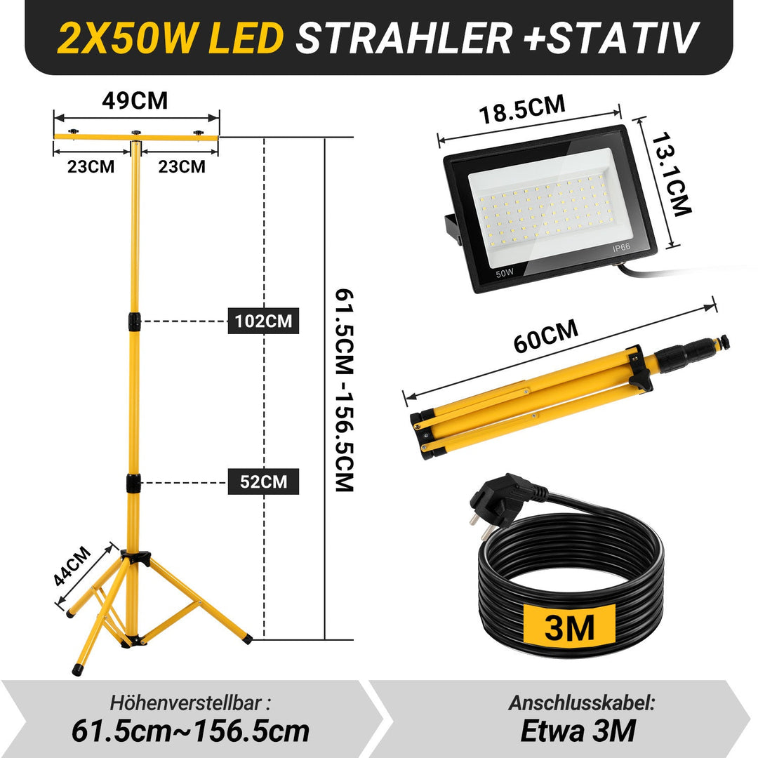 LED Konstruksjonslys 2 x 50W/100W/200W med Stativ Justerbar | Luvikno