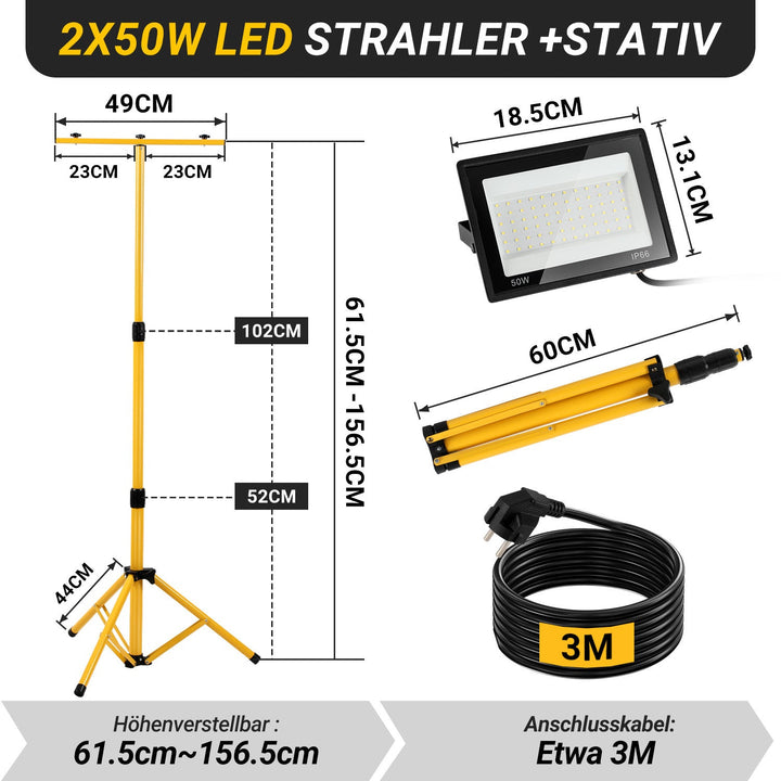 LED Konstruksjonslys 2 x 50W/100W/200W med Stativ Justerbar | Luvikno