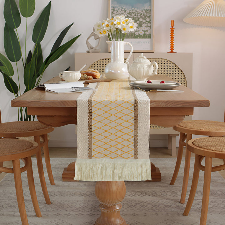 Boho Makrame Bomull Lin Table Runner med Frynser | Luvikno