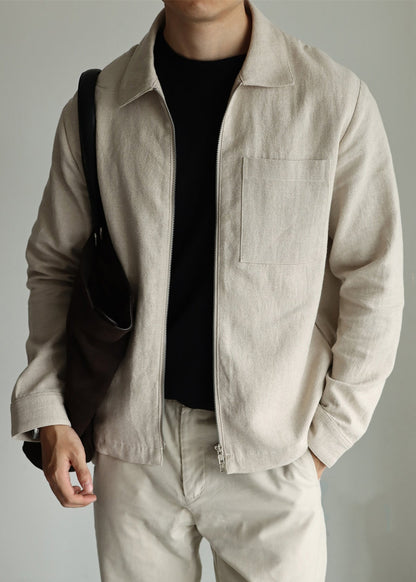 Luvik | Miesten yksivärinen pellavapusero khaki-nauhoilla, vetoketjulla ja Peter Pan -kauluksella