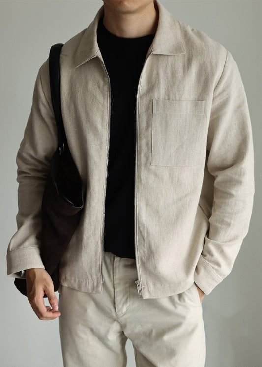 Luvik | Miesten yksivärinen pellavapusero khaki-nauhoilla, vetoketjulla ja Peter Pan -kauluksella