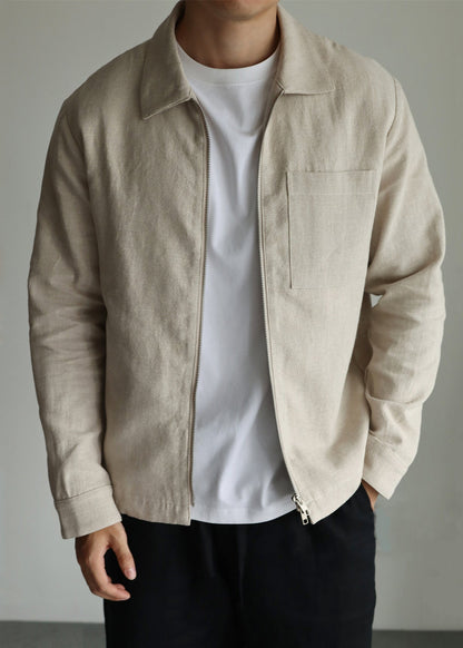 Luvik | Miesten yksivärinen pellavapusero khaki-nauhoilla, vetoketjulla ja Peter Pan -kauluksella