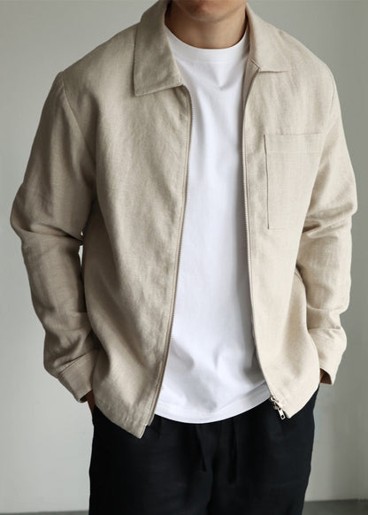 Luvik | Miesten yksivärinen pellavapusero khaki-nauhoilla, vetoketjulla ja Peter Pan -kauluksella