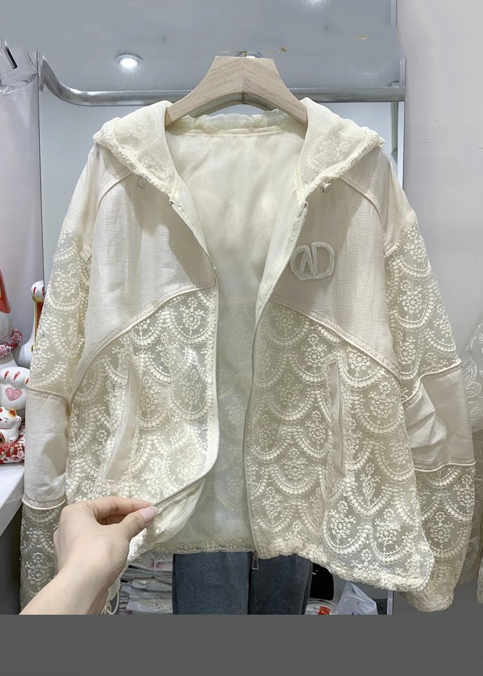 Luvik | Lys beige hettegenser med glidelås Blomstermønster Lange ermer