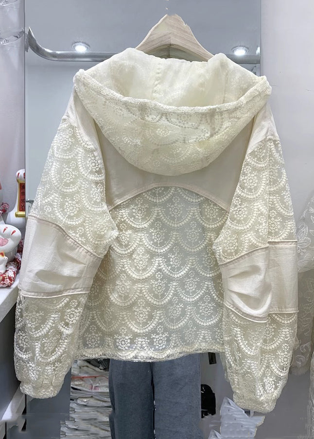 Luvik | Lys beige hettegenser med glidelås Blomstermønster Lange ermer