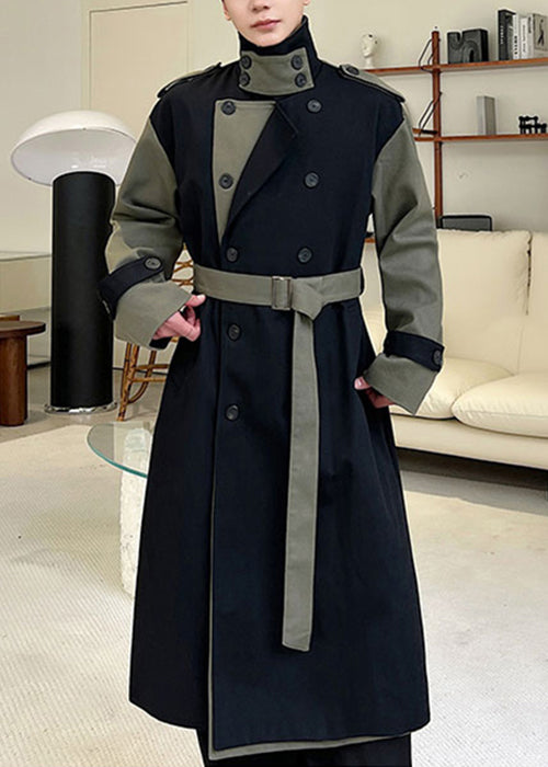 Luvik | Herre vinterbruk svart patchwork-stoff trench med doble lommer