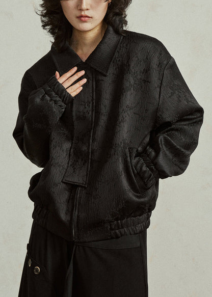 Luvik | Musta Peter Pan -kauluksellinen silkki takki vetoketjulla