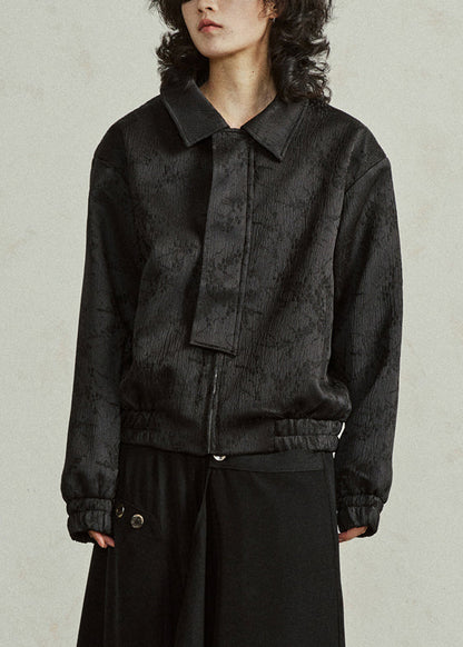 Luvik | Musta Peter Pan -kauluksellinen silkki takki vetoketjulla