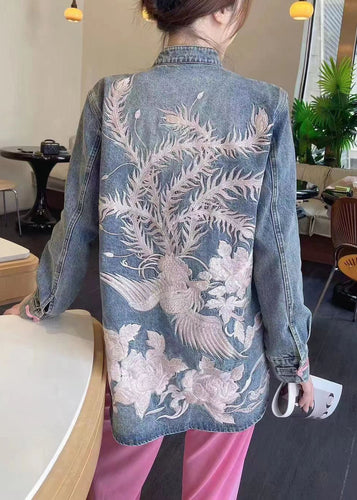 Luvik | Blå brodert denimjakke med knapp og lange ermer