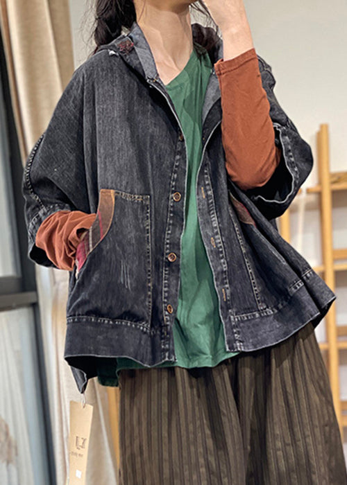 Luvik | Sininen denim-takki, jossa napit ja puolipitkät hihat huppuineen