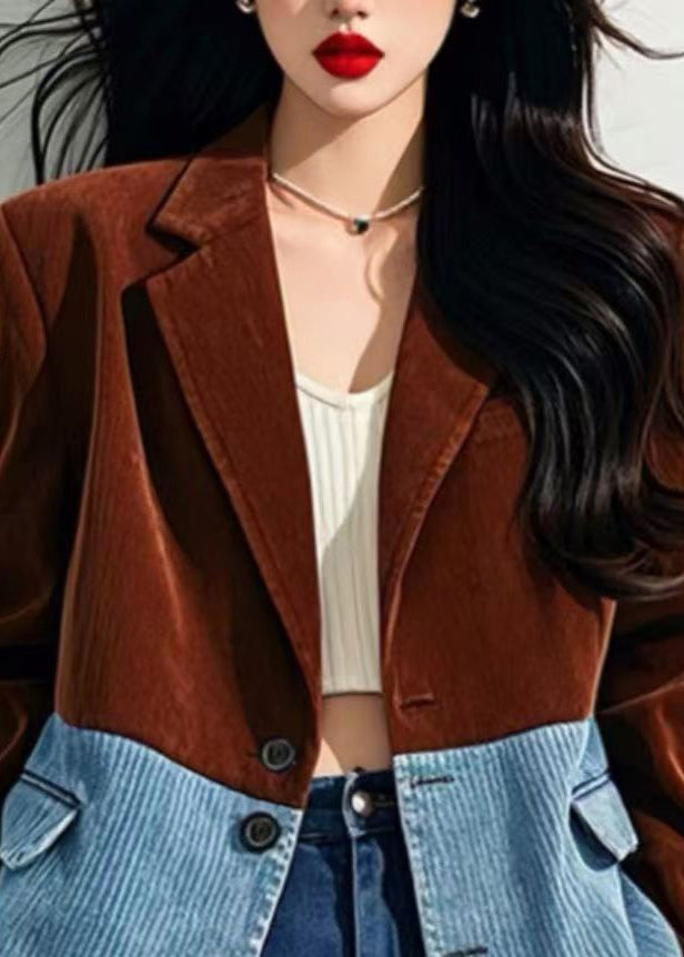 Luvik | Korkeavyöttöinen ruskea ruutukuosisella samettitakki napilla