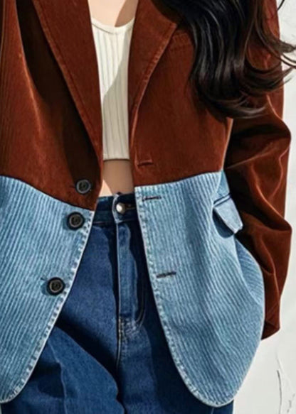 Luvik | Korkeavyöttöinen ruskea ruutukuosisella samettitakki napilla