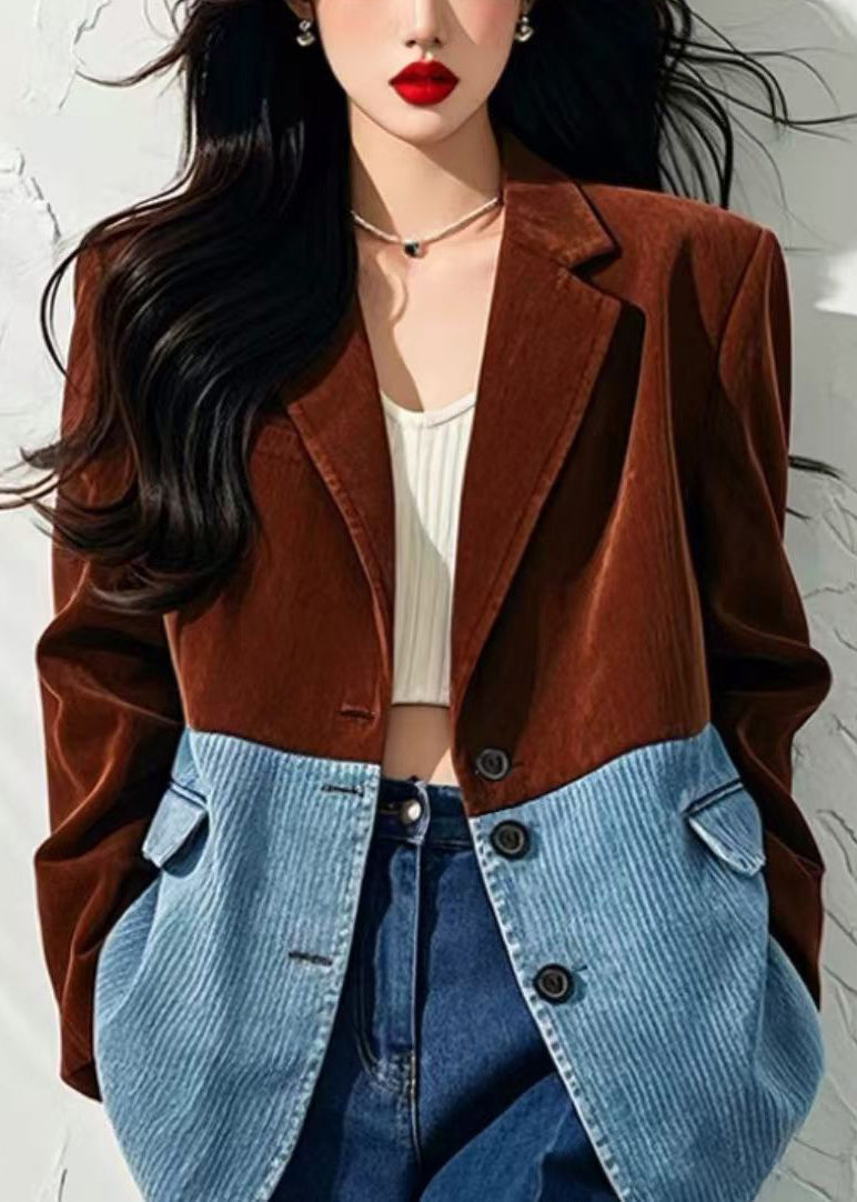 Luvik | Korkeavyöttöinen ruskea ruutukuosisella samettitakki napilla