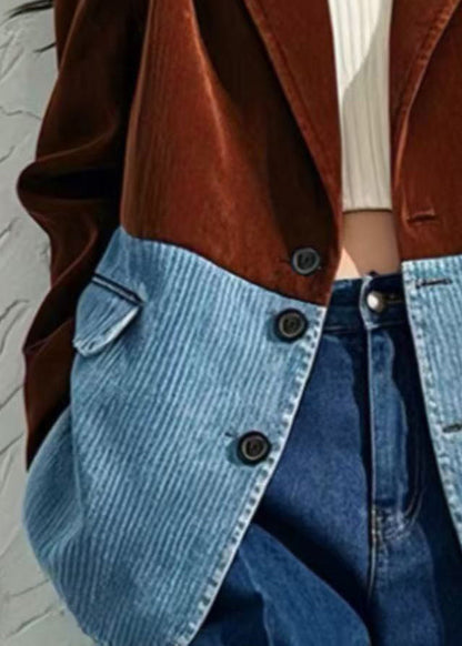 Luvik | Korkeavyöttöinen ruskea ruutukuosisella samettitakki napilla