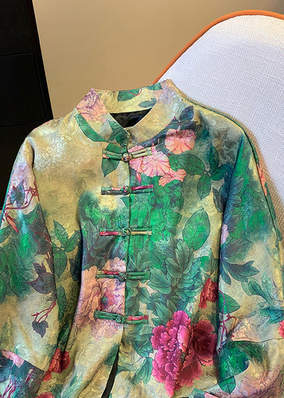 Luvik | Silk coat with green Chinese button print