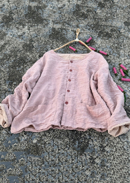 Luvik | Napitettu pellavatakki vihreällä pyöreällä kauluksella ja taskuilla