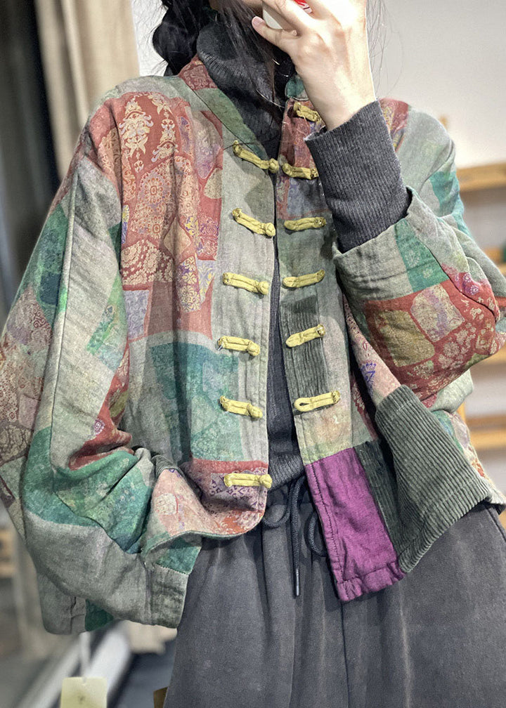 Luvik | Vinterjakke østland patchwork-velour med grønne knapper, fylt med fin bomull