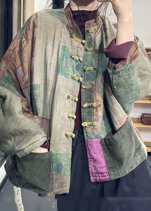 Luvik | Vinterjakke østland patchwork-velour med grønne knapper, fylt med fin bomull