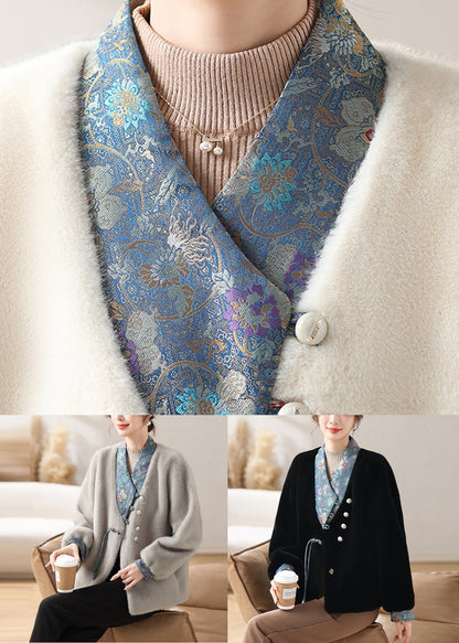 Luvik | Villapintaiset minkki-takkivaatteet, joissa on harmaa patchwork-nappi ja V-kaula-aukko, talvi